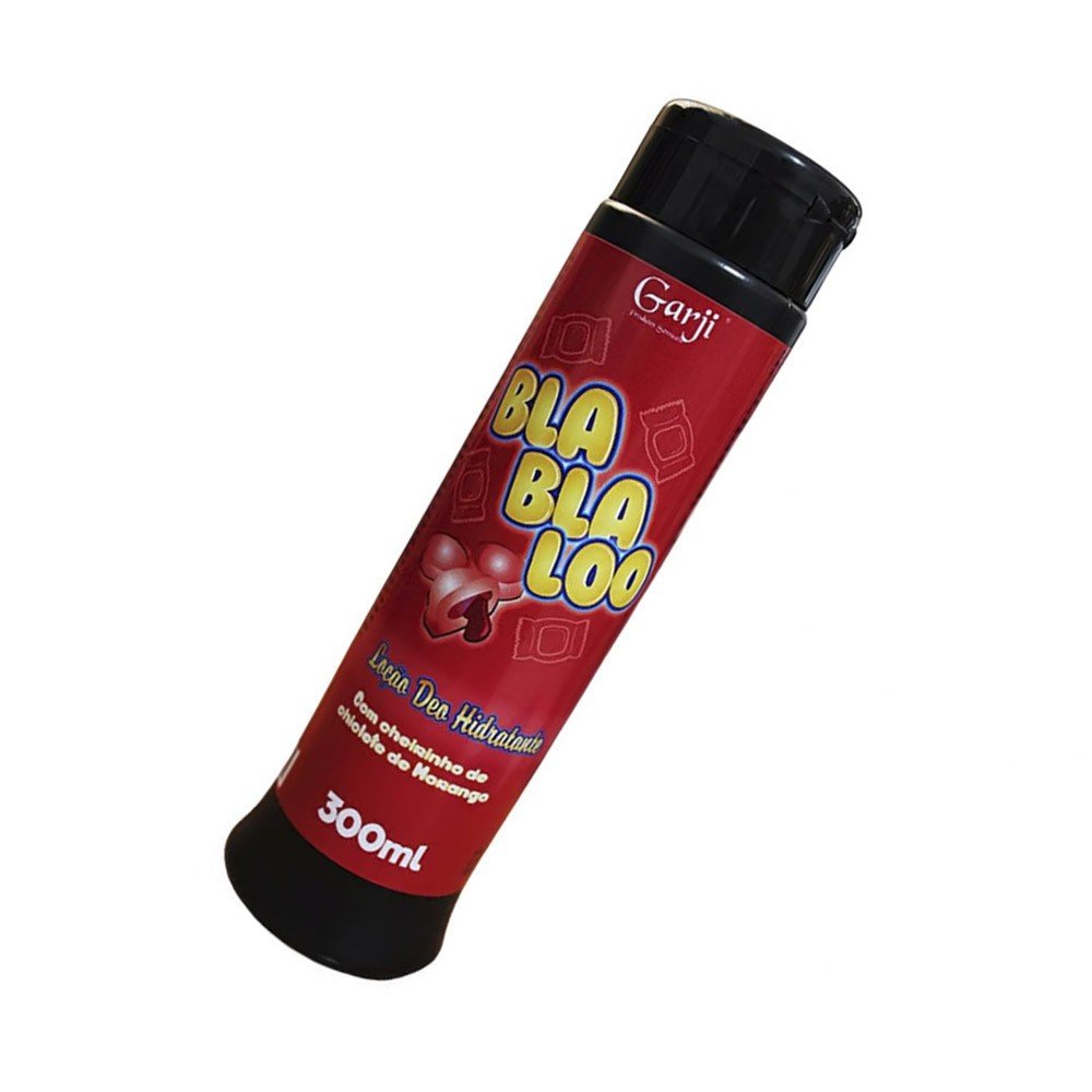 Lo��o Deo Hidratante BlaBlaLoo 300ml em vista inclinada, destacando a embalagem vermelha e o design divertido