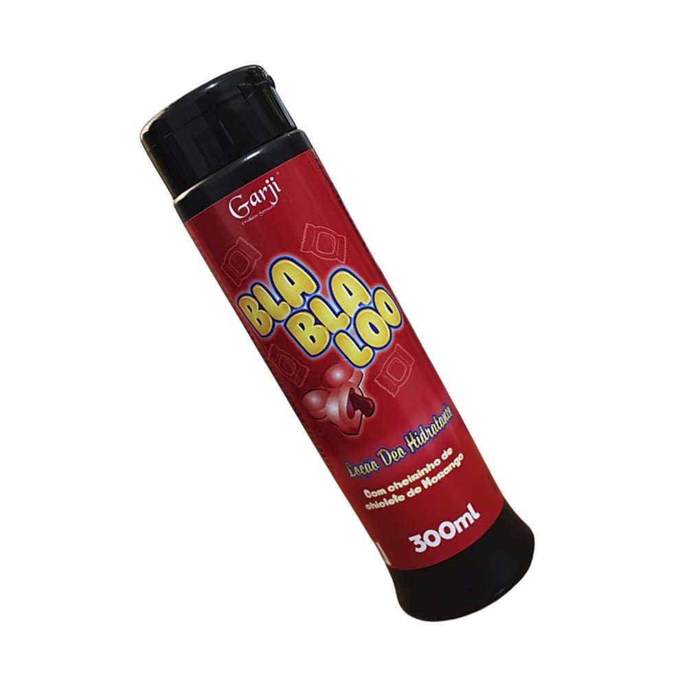 Lo��o Deo Hidratante BlaBlaLoo 300ml em vista inclinada, mostrando o frasco na cor vermelha e preta
