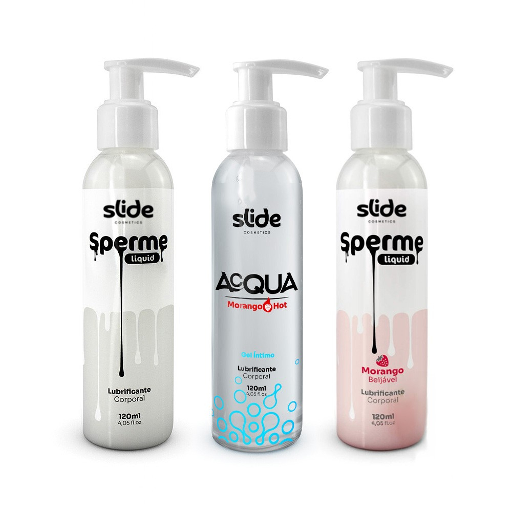 Combo Sperme Hot: Dois frascos de Sperme Liquid (um natural, um morango) e um frasco de Acqua Hot Morango, da Slide Cosmetics, em destaque.