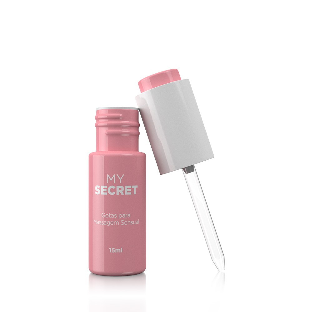 Gel Excitante Feminino My Secret 15ml, frasco aberto com conta-gotas revelando o produto rosa