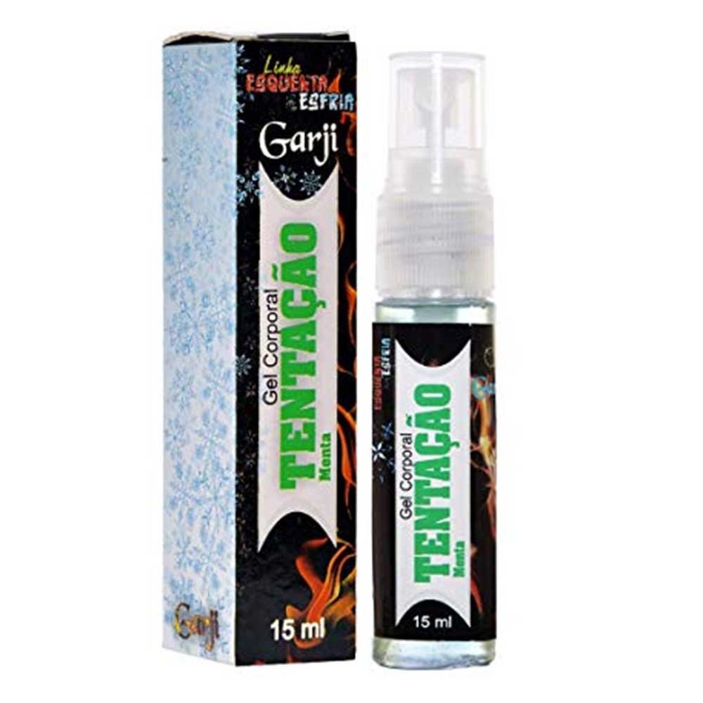 Gel para sexo oral em spray beij�vel Tenta��o Menta, destacando a embalagem com chamas, ao lado do frasco com gel verde e efeito de esfria