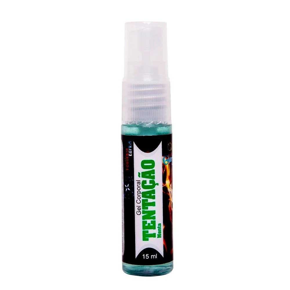 Frasco do Gel Tenta��o Menta, evidenciando o spray, o gel verde e o r�tulo com efeito de esfria na parte superior
