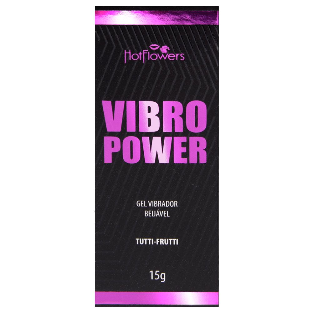 Caixa do Vibrador L�quido Beij�vel Vibro Power Tutti-Frutti 15g, em p�, destacando o design