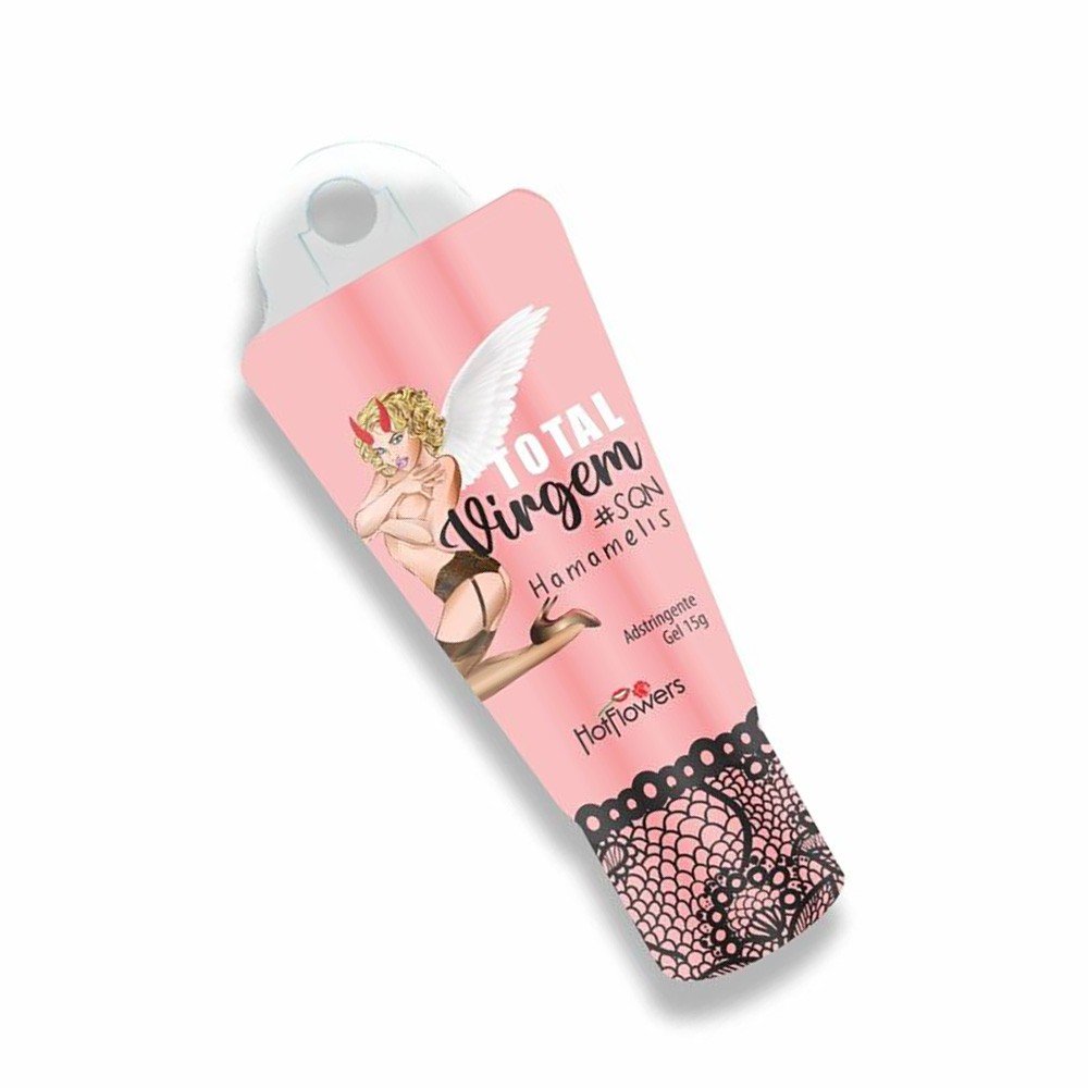 Gel Adstringente Total Virgem SQN 15g, embalagem com ilustra��o de anjo sexy com chifres, vista em perspectiva da frente do produto.