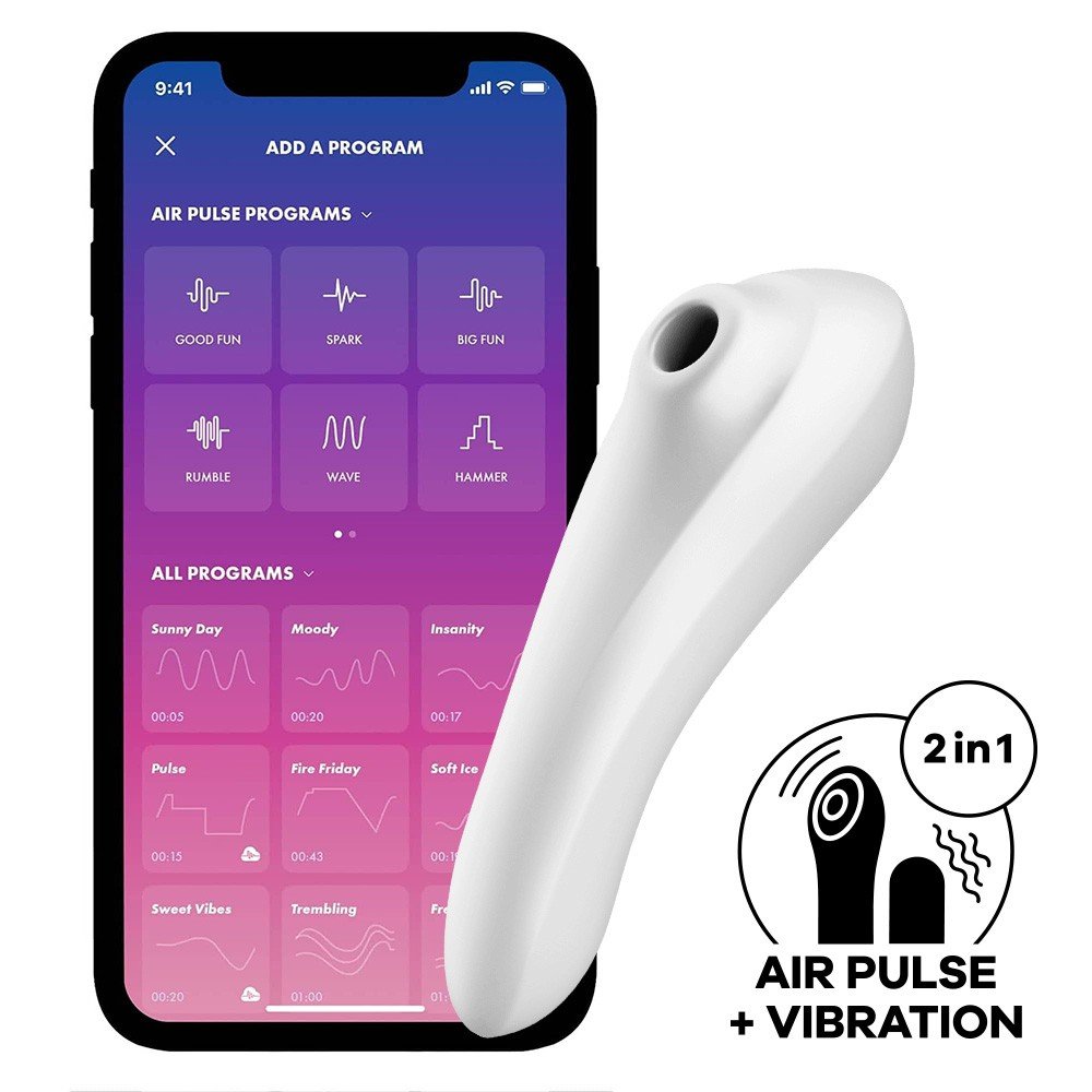Vibrador para Clit�ris Dual Pleasure Branco com tela do aplicativo mostrando programas de vibra��o