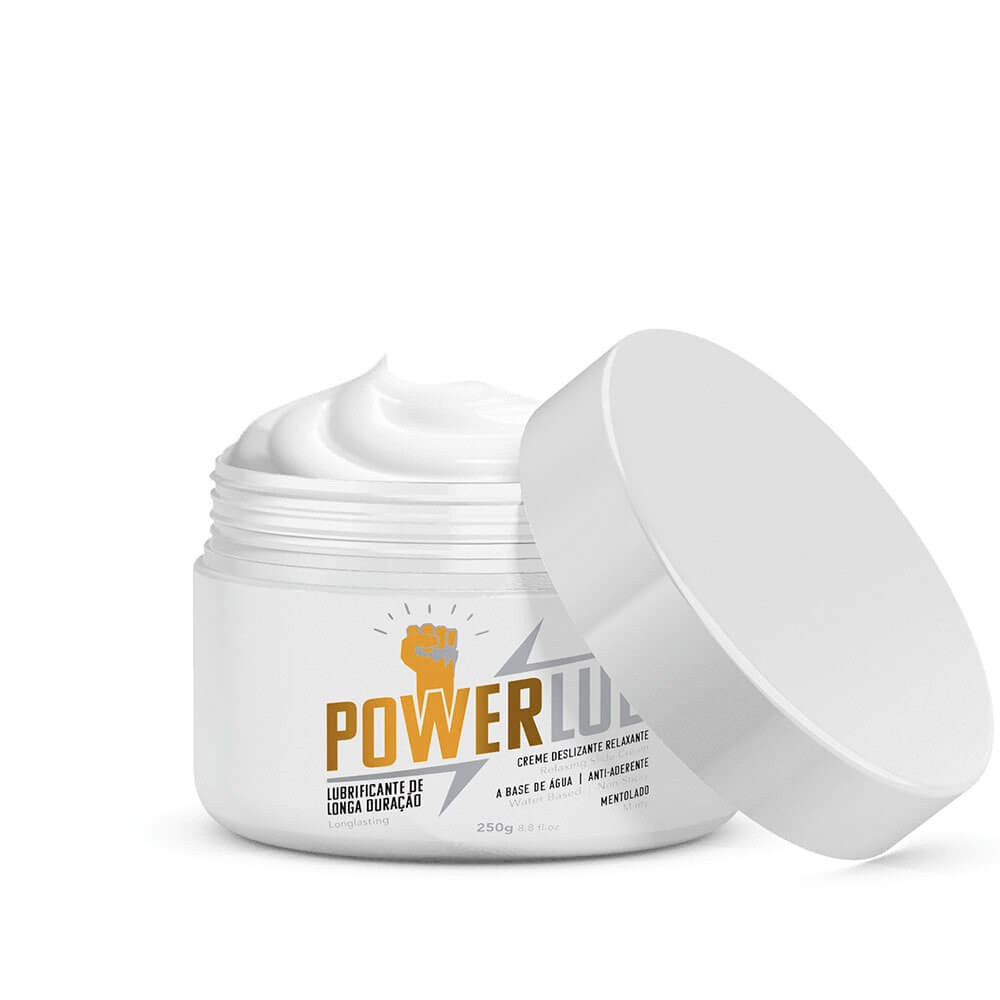 Lubrificante PowerLub para Fisting com tampa removida, revelando a textura cremosa e branca do produto
