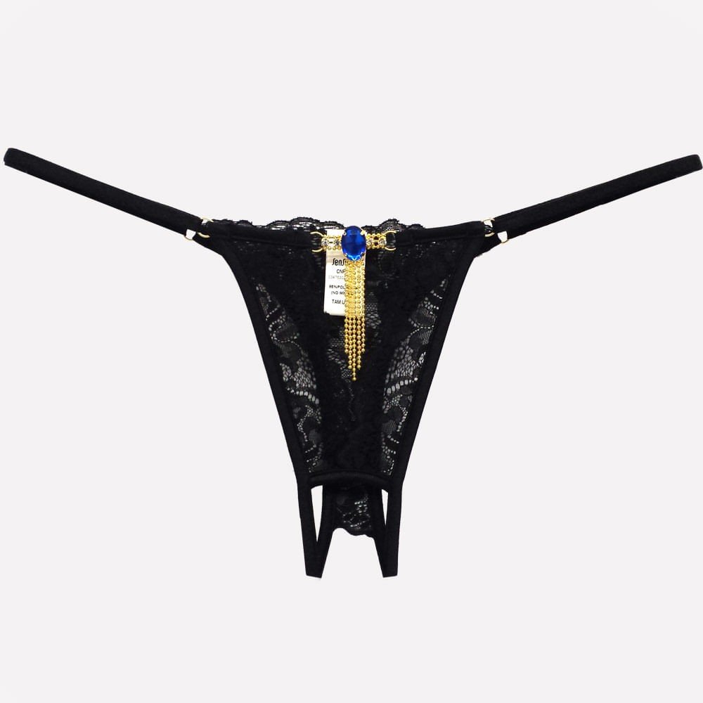 Calcinha String Fio Dental Sexy em Renda com Bijoux e Abertura na Vagina Preta - Detalhe frontal