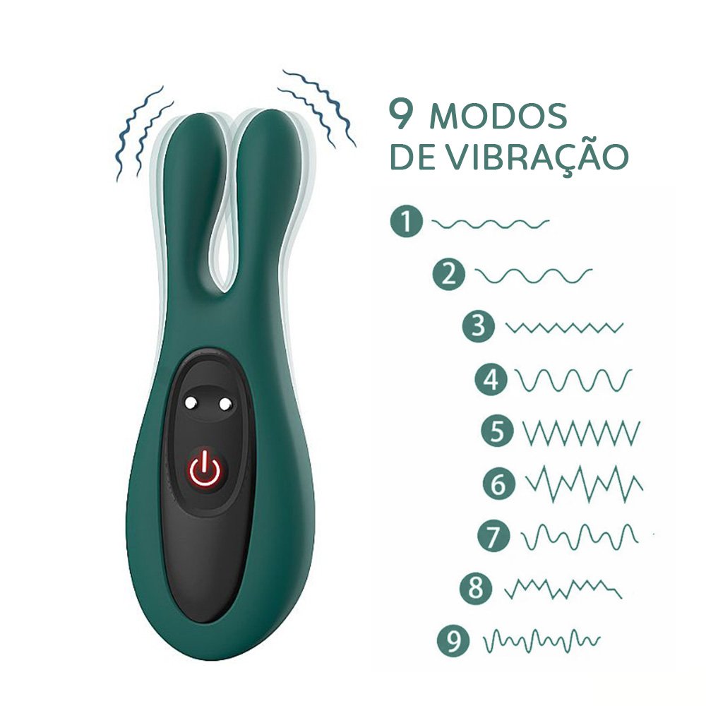 Vibrador Recarreg�vel Rabbit Verde com 9 vibra��es em detalhe, mostrando os diferentes modos de pulsa��o e ondula��o