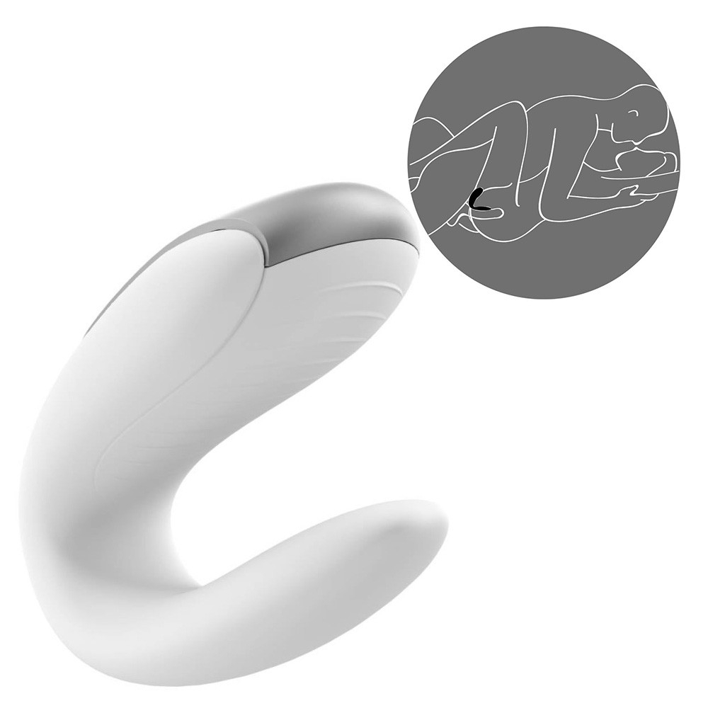 Vibrador para Casal Double Fun em silicone branco, mostrando seu formato em U e a �rea de estimula��o interna
