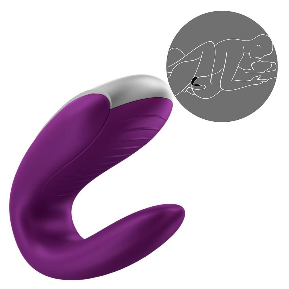 Vibrador para Casal Double Fun Roxo com indica��o de posicionamento durante o sexo