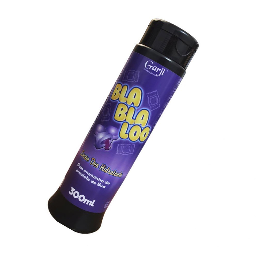 Lo��o Deo Hidratante BlaBlaLoo com Cheirinho de Chiclete de Uva 300ml em �ngulo lateral, mostrando o selo Garji e o bico dosador