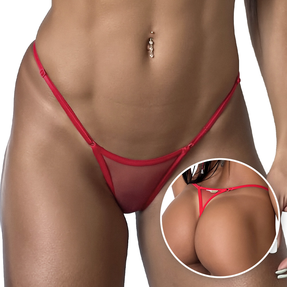 Calcinha Fio Dental String Vermelha em Tule com Regulagem em detalhe, mostrando a delicadeza do tecido e a regulagem lateral