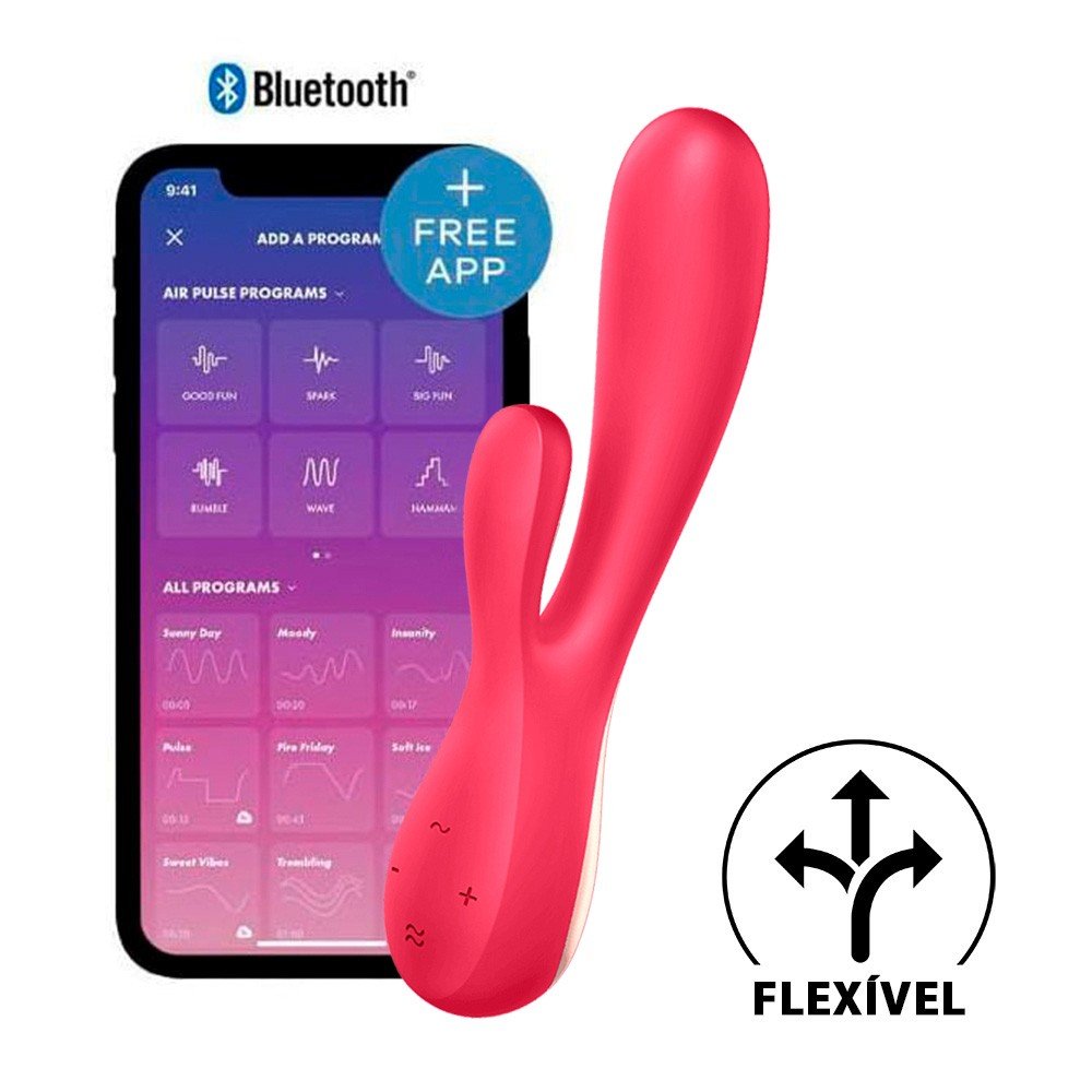 Vibrador Duplo em Silicone Recarreg�vel Multivelocidade Mono Flex Rosa, mostrando o vibrador com o aplicativo que o controla ao lado