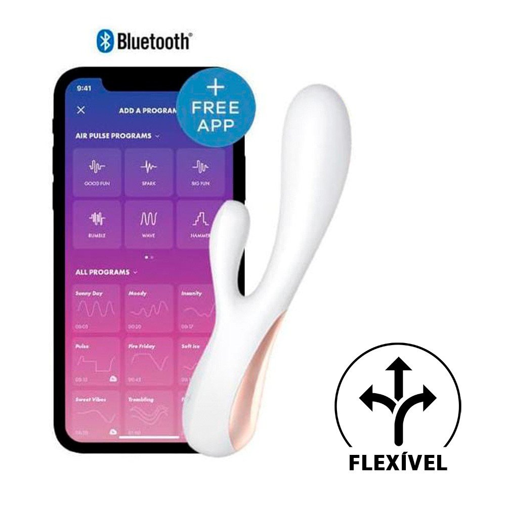 Vibrador Duplo Satisfyer Mono Flex com tela de aplicativo ao fundo