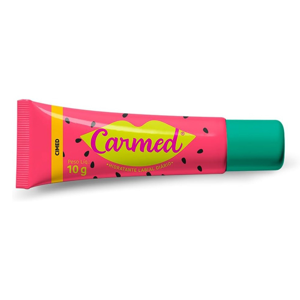 Hidratante Labial Carmed Incolor Aroma de Melancia 10g na embalagem, visto de frente e deitado.