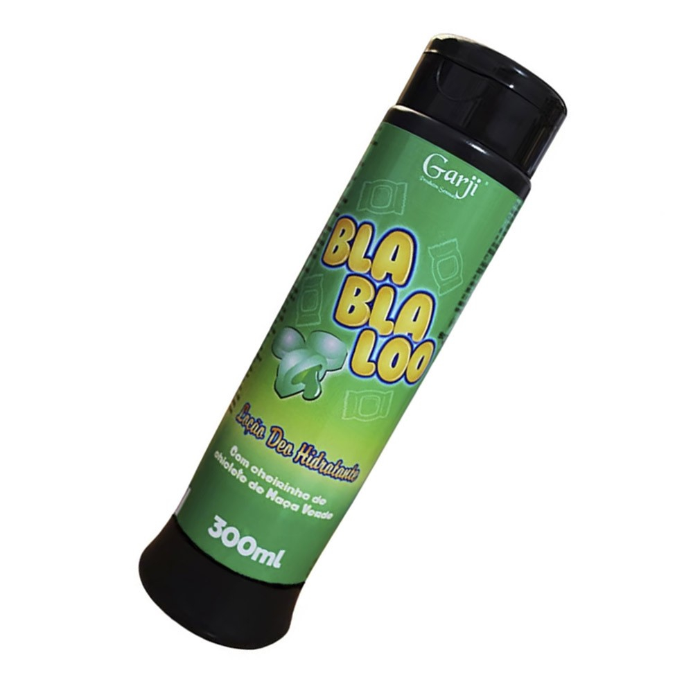 Lo��o Deo Hidratante BlaBlaLoo Chiclete Ma�� Verde 300ml em vista angular, destacando o design divertido e as cores do frasco