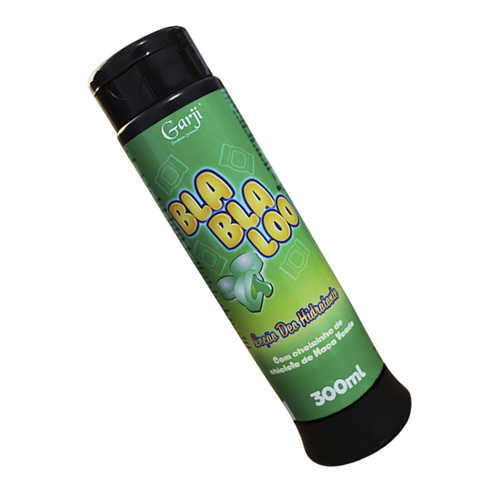 Lo��o Deo Hidratante BlaBlaLoo Chiclete Ma�� Verde 300ml em vista inclinada, mostrando o topo do frasco e a tampa flip-top