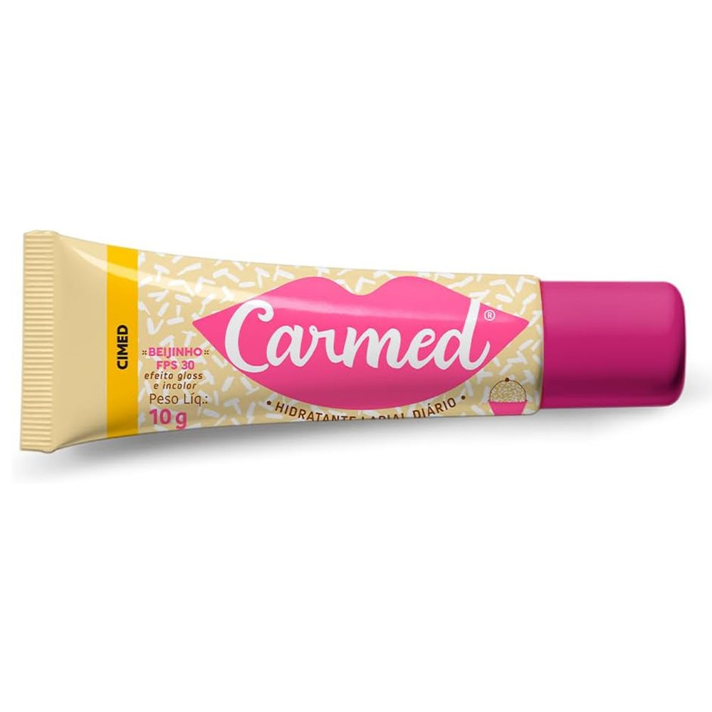 Hidratante Labial Carmed Beijinho fora da caixa, mostrando o tubo bege com a tampa rosa pink e o logo Carmed em rosa