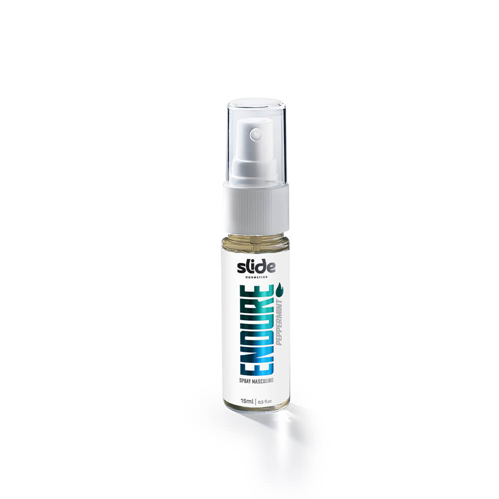 Kit Pague 5 Leve 6 Spray Retardante Intensificador de Ere��o EnDURE Peppermint 15ml Cada - Uma das unidades do spray Endure Peppermint de 15ml em perspectiva inclinada, mostrando o frasco branco com l�quido dourado, logo Slide Cosmetics e informa��es de Spray Masculino.