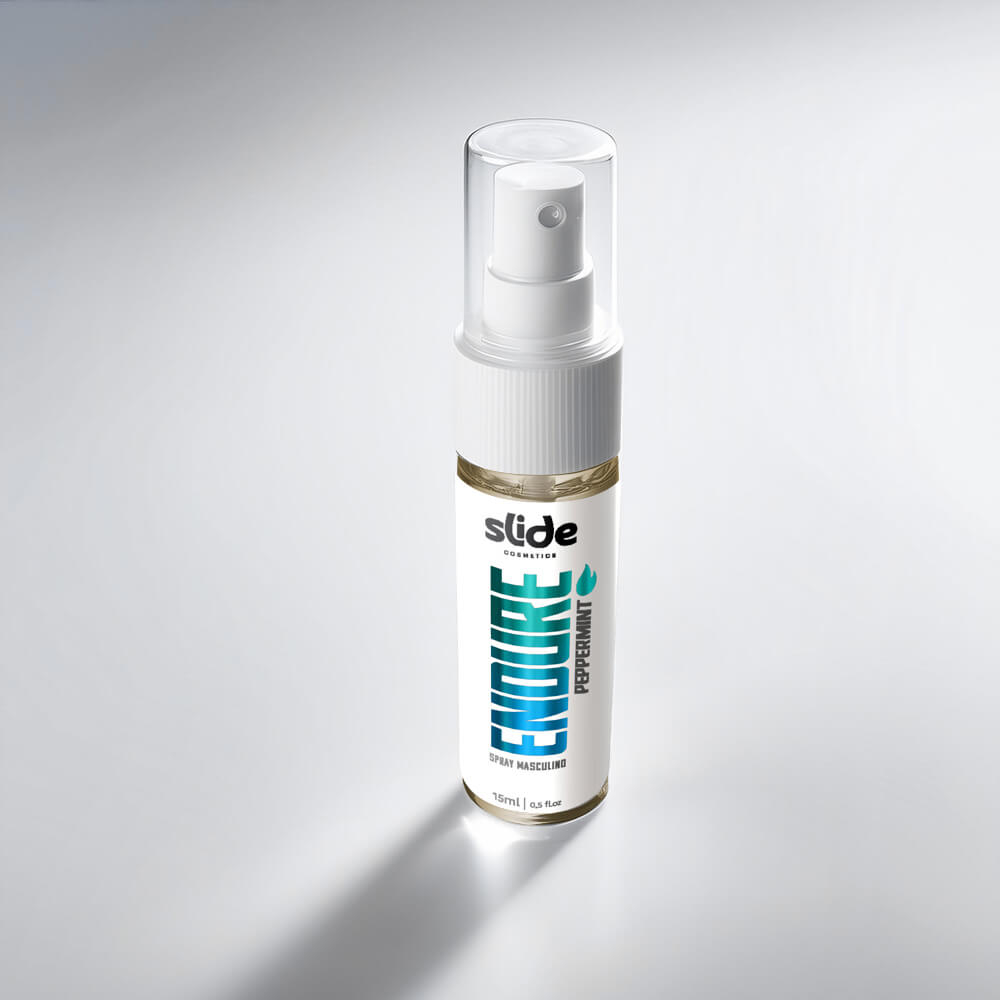 Kit Pague 5 Leve 6 Spray Retardante Intensificador de Ere��o EnDURE Peppermint 15ml Cada - Vista frontal em close de uma das unidades do spray Endure Peppermint de 15ml, mostrando os detalhes da marca Slide Cosmetics, o nome Endure em azul e 'Peppermint' em verde.