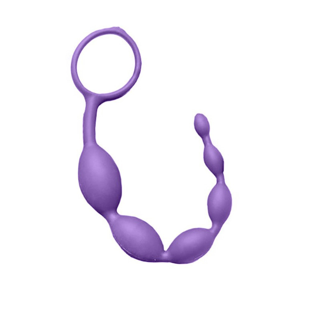Plug anal de silicone Sensation em formato curvil�neo e cor roxa, mostrando o anel de seguran�a na base.