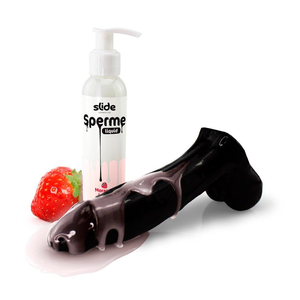 Kit Leve 6 Pague 5 Lubrificante S�men Morango com dildo preto ao lado