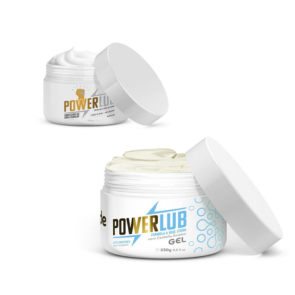 Combo PowerLub: vista de cima das embalagens abertas do PowerLub Gel e PowerLub Creme, com a textura dos produtos em evid�ncia