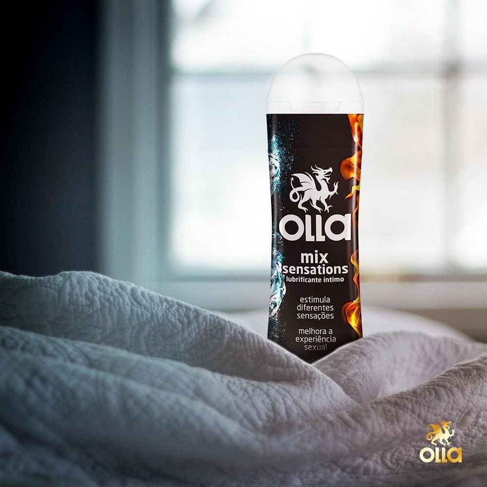 Lubrificante �ntimo Mix Sensations OLLA 50g em cen�rio de quarto, destacando design do produto