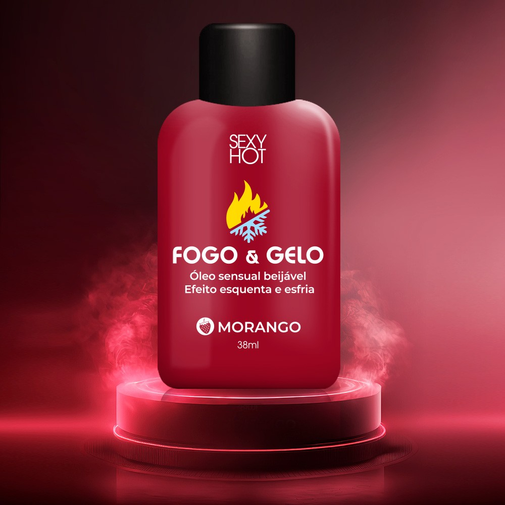 �leo para Massagem Corporal Fogo e Gelo Beij�vel Sabor Morango 38ml | Frasco em fundo degrad� vermelho