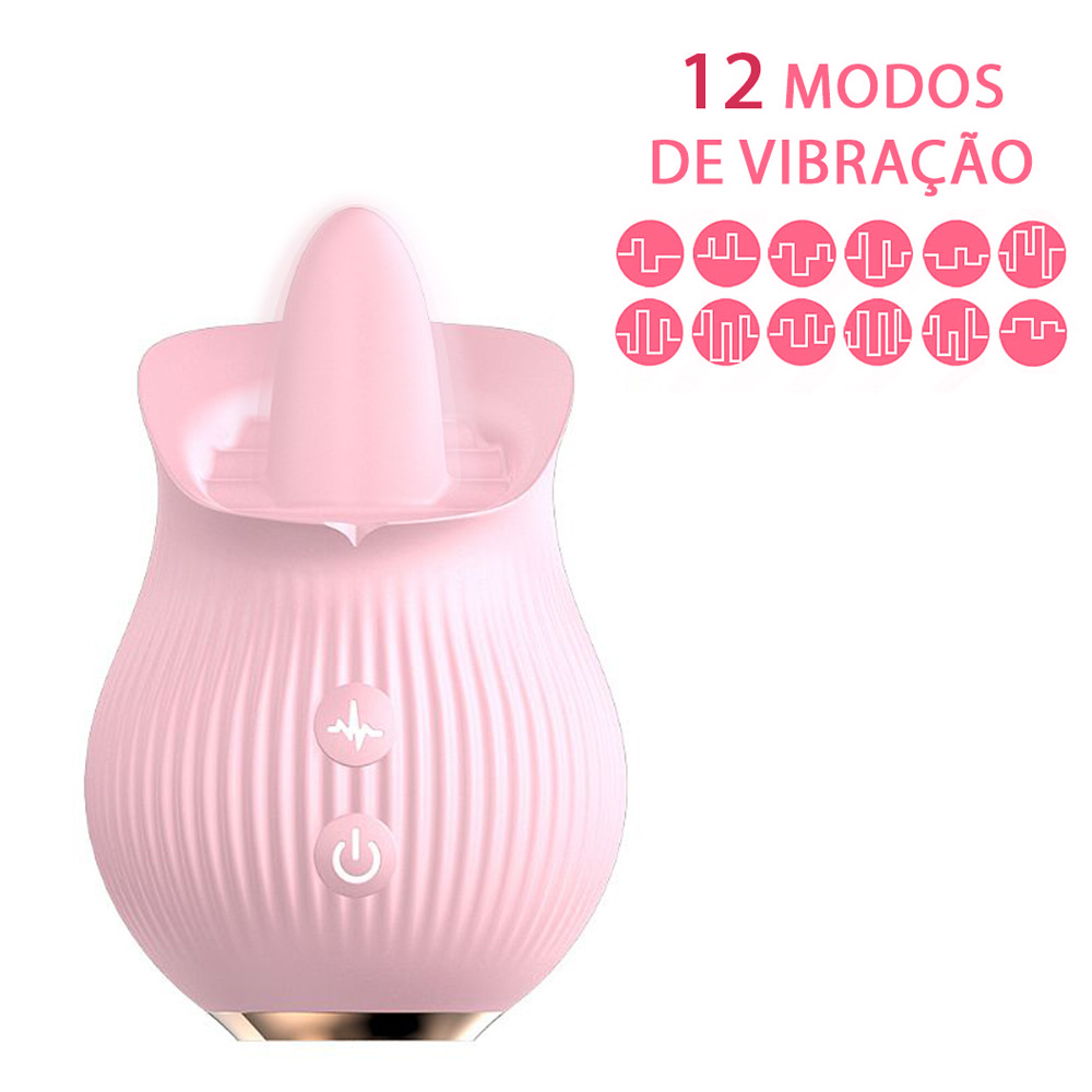 Vibrador para Clit�ris L�ngua Recarreg�vel em Silicone Aveludado com 12 Vibra��es Rosa - Exibi��o dos 12 modos de vibra��o