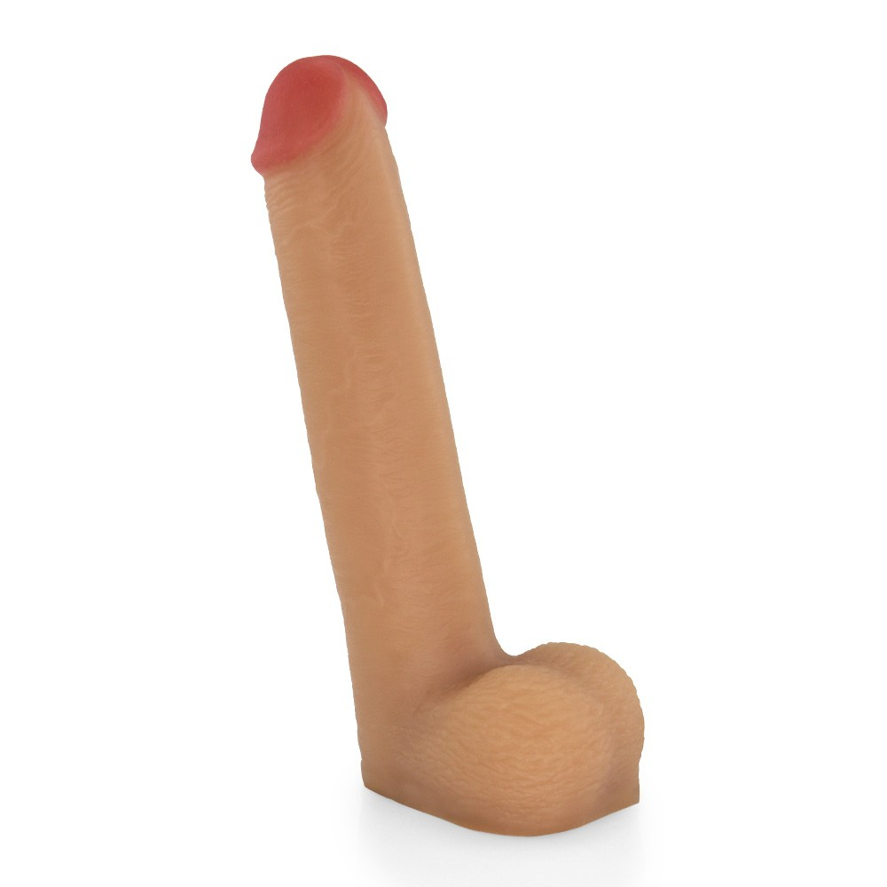 P�nis Real�stico com Escroto Mike em PVC flex�vel bege - vis�o lateral exibindo a base