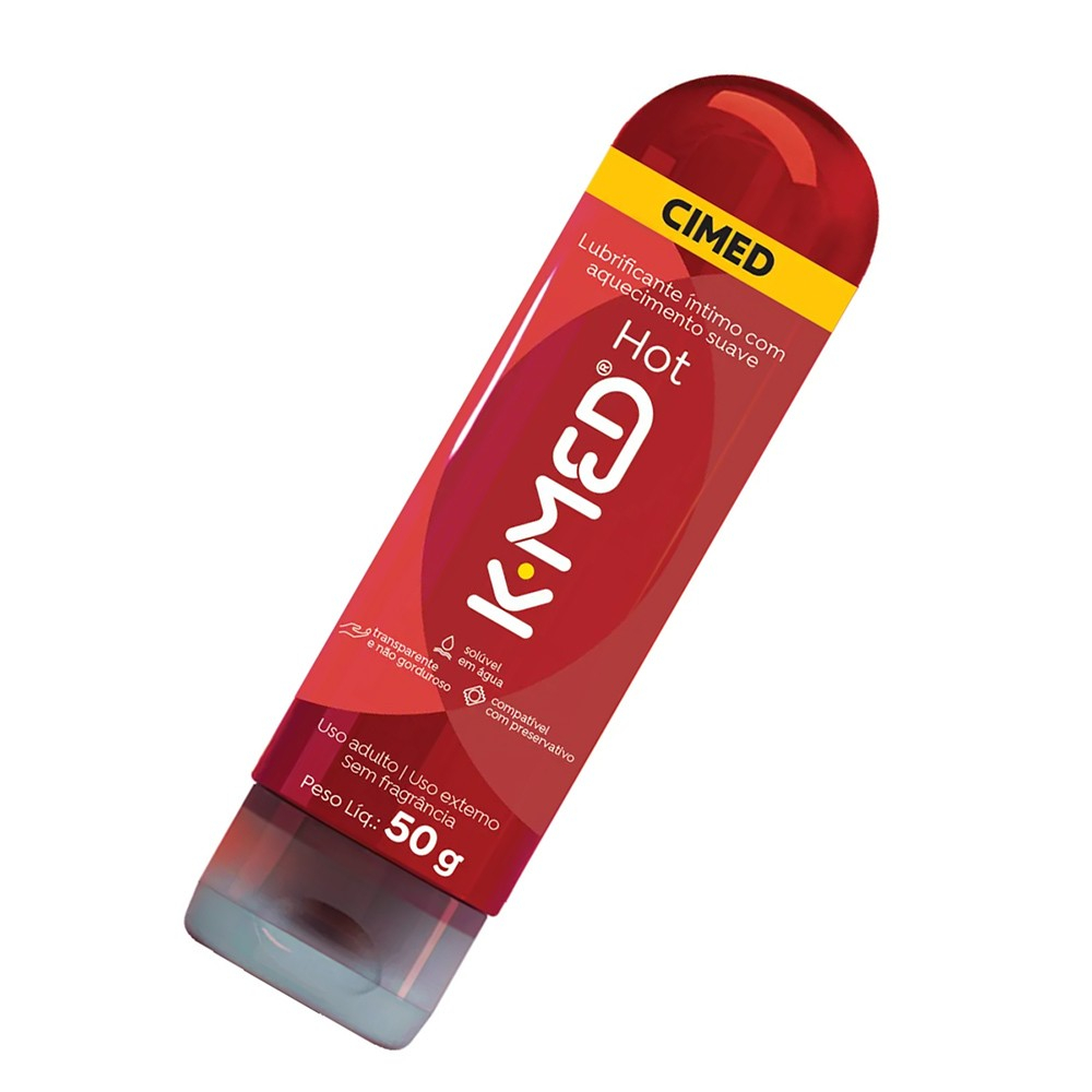 Lubrificante �ntimo K-Med Hot que Esquenta 50g | Vista frontal inclinada do produto, destacando a marca K-Med, o nome Hot, o efeito t�rmico e as caracter�sticas de ser sol�vel em �gua, transparente e n�o gorduroso.