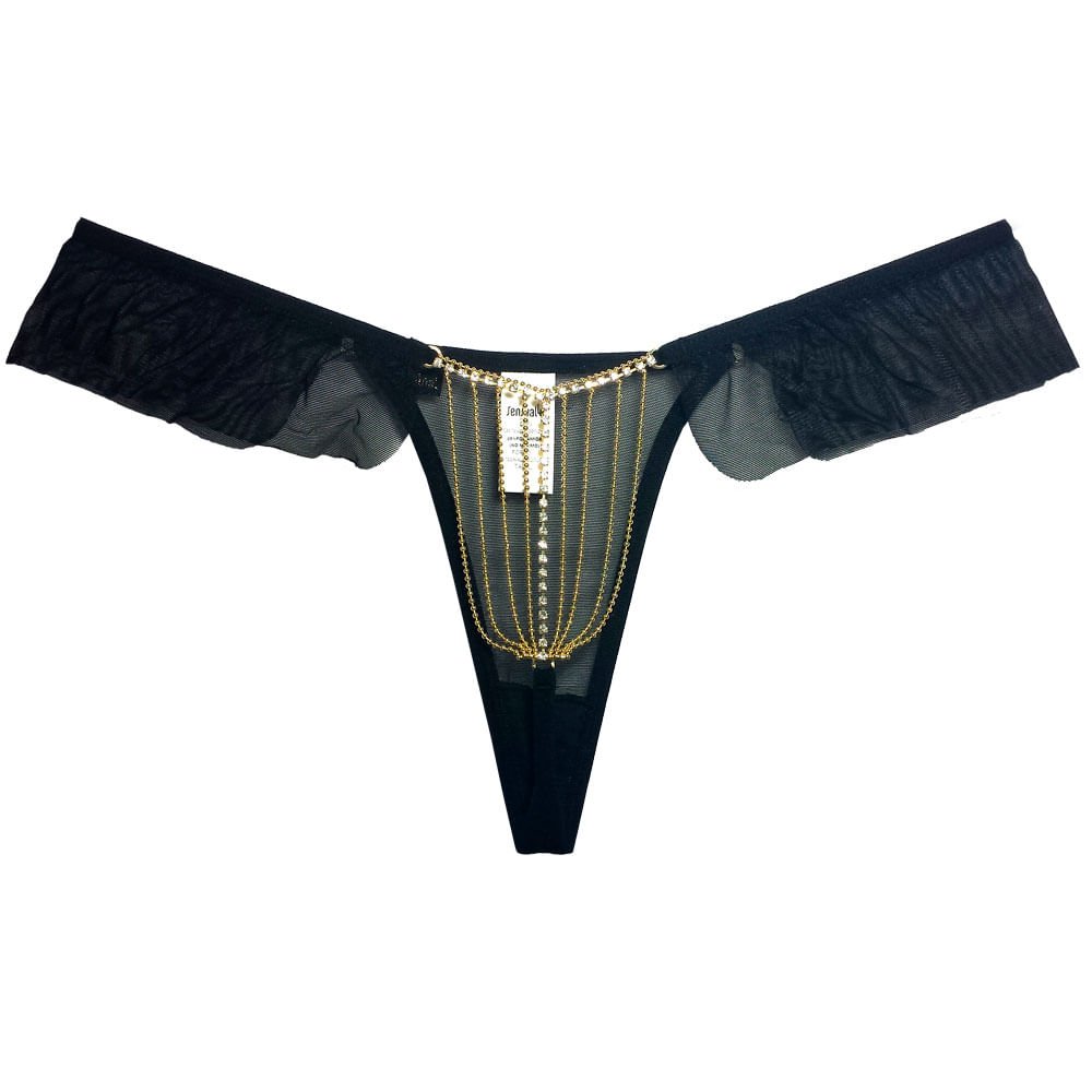 Calcinha String Fio Dental Sexy em Tule com Bijoux e Babado Preta | Foto 02