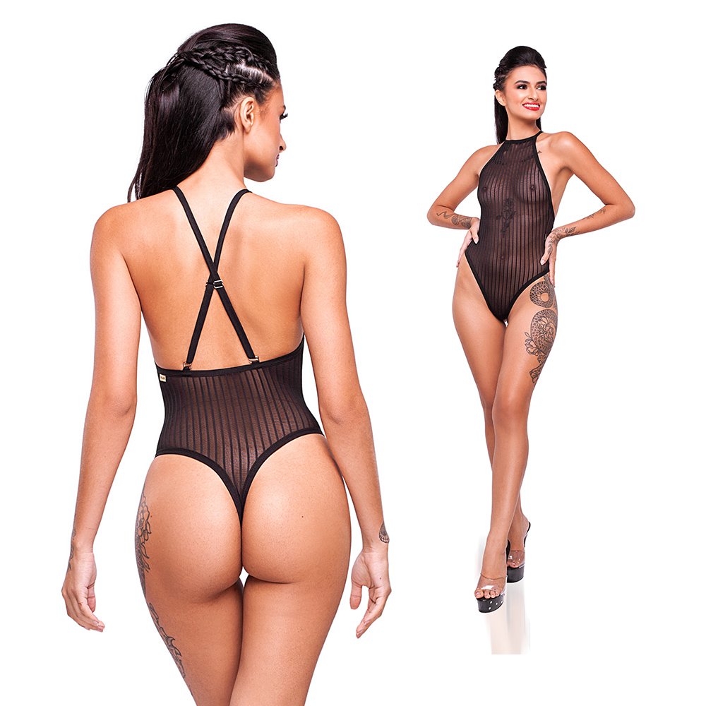 Body Sensual Sexy em Tule Transparente com Regulagem Preto | Foto 02
