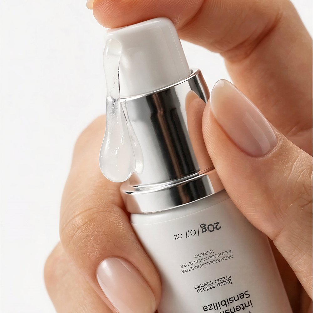 Gel Excitante Feminino Orgax com efeito de gotas na ponta do aplicador, ao fundo as m�os de uma mulher com esmalte claro e unhas longas.