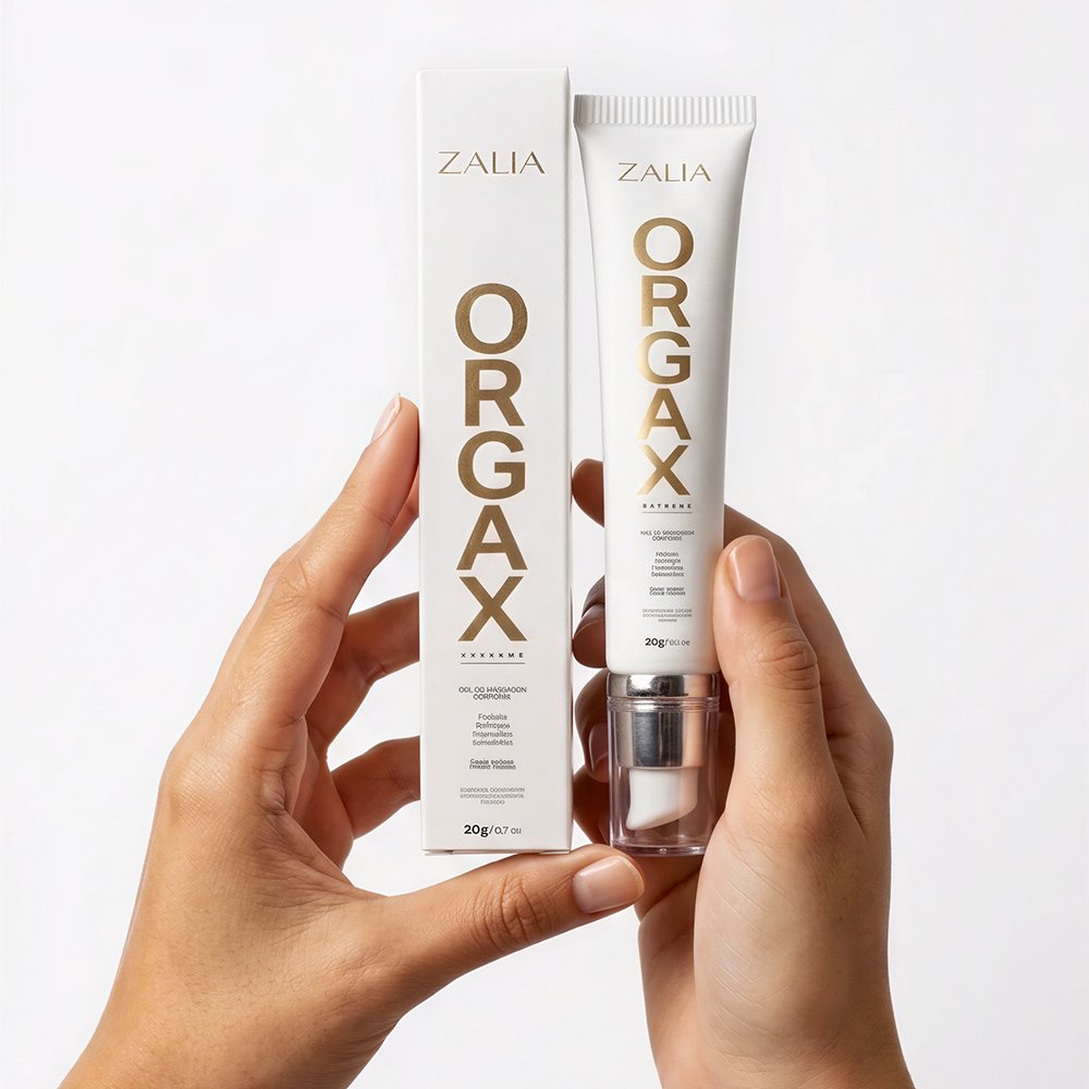 Duas m�os segurando a embalagem do Gel Excitante Feminino Orgax, ao lado a caixa do produto em fundo claro.