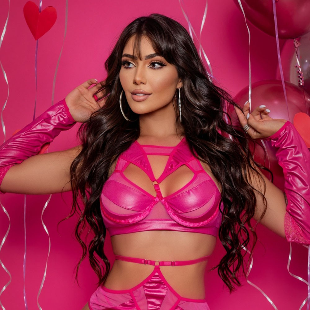 Conjunto Sensual Sexy em Cirre e Tule com Aro, Cinta Liga, Luva e Meia Bubbaloo Pink | Foto 04