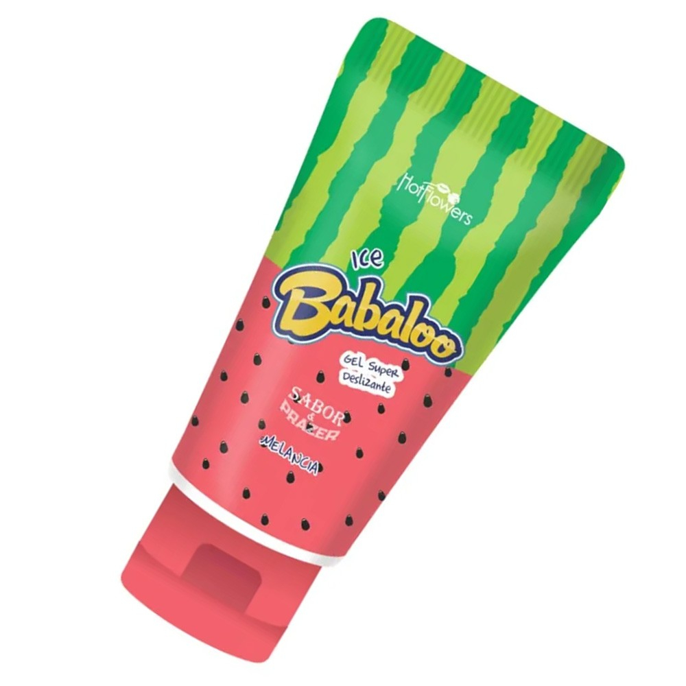 Lubrificante Super Deslizante e Refrescante Ice Babaloo � Base de �gua Sabor de Melancia 60ml | Tubo inclinado mostrando design de melancia
