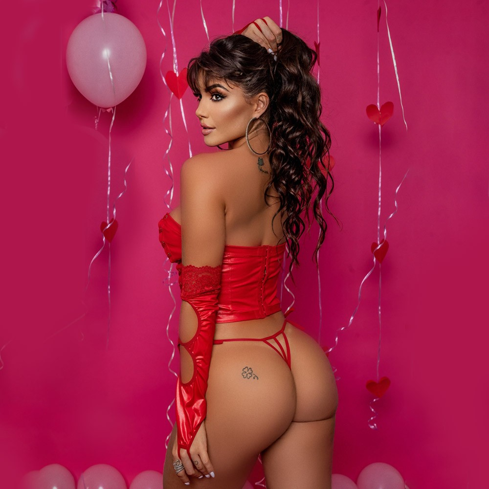 Conjunto Sensual Sexy em Cirre com Cropped sem Al�a, Calcinha String e Luva Femme Fatale Vermelho | Foto 02