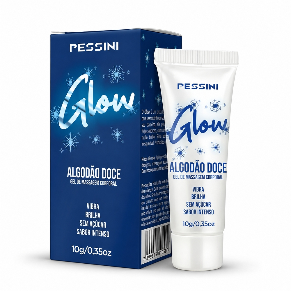 Embalagem do Vibrador L�quido Beij�vel Glow Sabor Algod�o Doce, mostrando o tubo e a caixa com design azul e brilhante