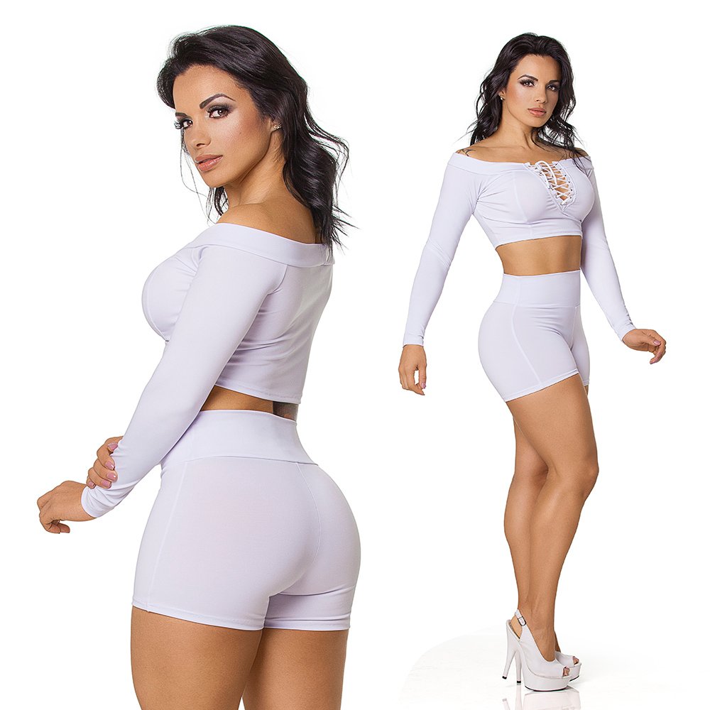 Conjunto Sensual Sexy em Suplex Poliamida com Cropped Tran�ado Branco - Vista Lateral