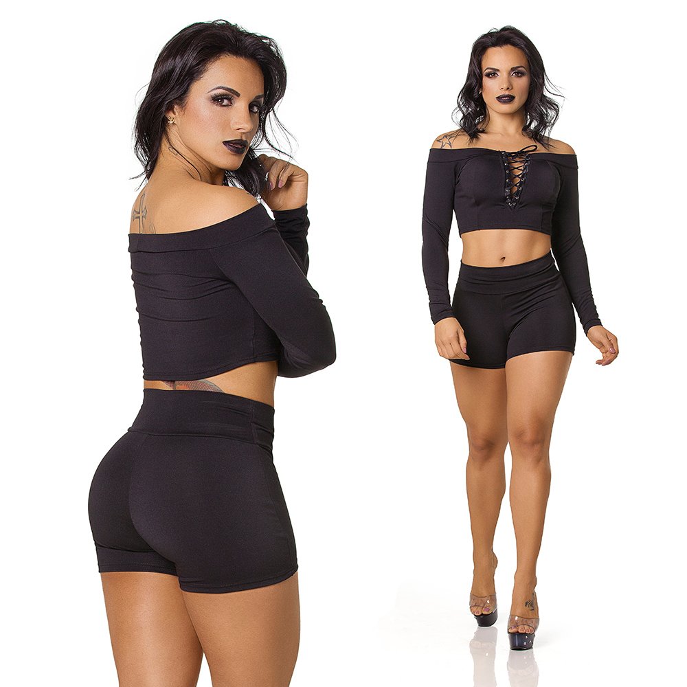 Conjunto Sensual Sexy em Suplex Poliamida com Cropped Tran�ado Preto - Vista lateral e frontal