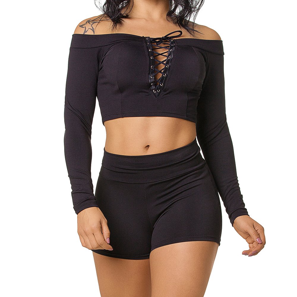 Conjunto Sensual Sexy em Suplex Poliamida com Cropped Tran�ado Preto | Foto 05