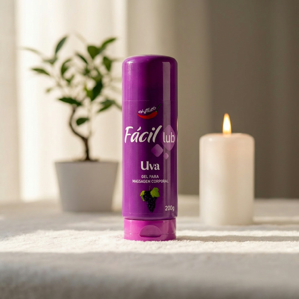 Frasco de Lubrificante F�cil Lub Sabor Uva 200g em ambiente �ntimo com vela e planta, sugerindo relaxamento