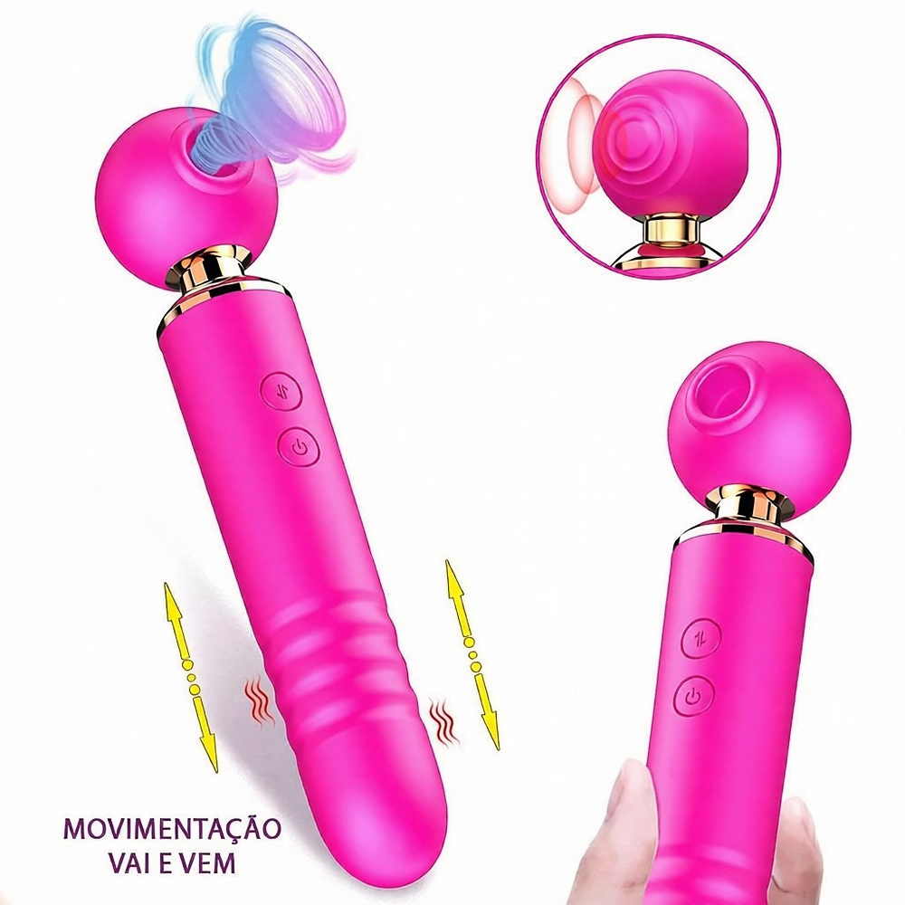 Vibrador Feminino Recarreg�vel em Silicone 3 em 1 Pink, com fun��es de suc��o e vai e vem, ilustra��o de uso