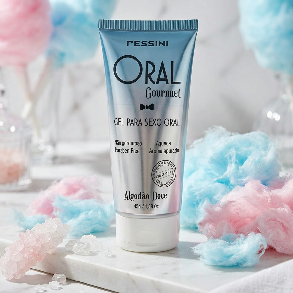 Gel para Sexo Oral Oral Gourmet Algod�o Doce 45g em cen�rio l�dico com algod�o doce, representando o sabor do produto