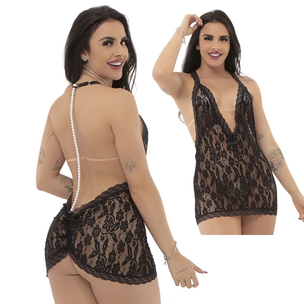 Camisola Sensual Sexy em Renda com P�rolas Madeleine Preto - vista traseira