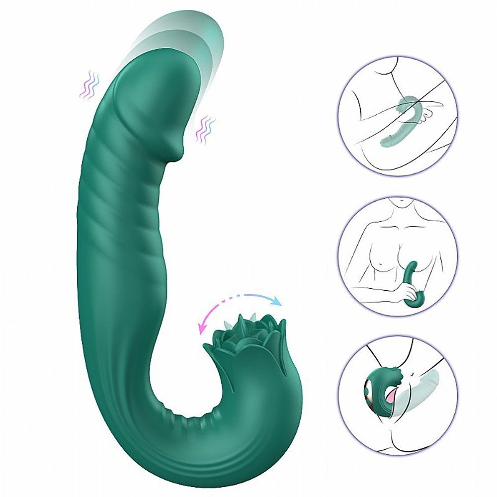Vibrador Duplo Recarreg�vel Silicone 7 Vibra��es, 7 Estimula��es de L�ngua e Vai e Vem Elan Verde - Vis�o lateral do produto em uso, mostrando a estimula��o clitoriana e vaginal