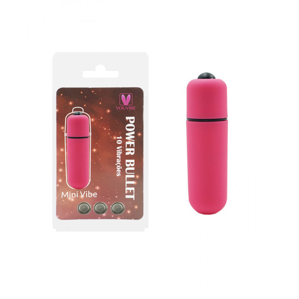 Vibrador Bullet Power Liga Desliga Rosa em sua embalagem, destacando o design compacto e a cor vibrante