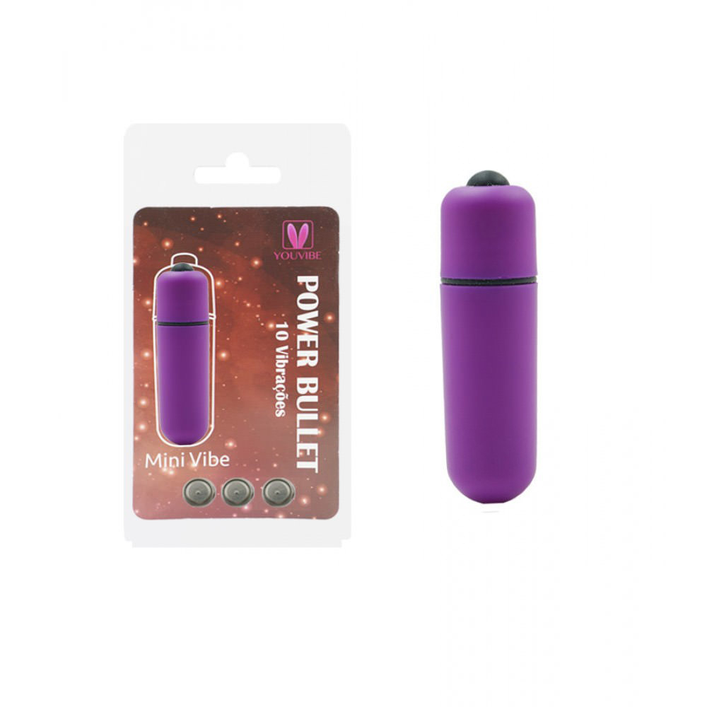 Vibrador Bullet Power 10 Vibra��es Roxo em sua embalagem, mostrando o design e as informa��es do produto